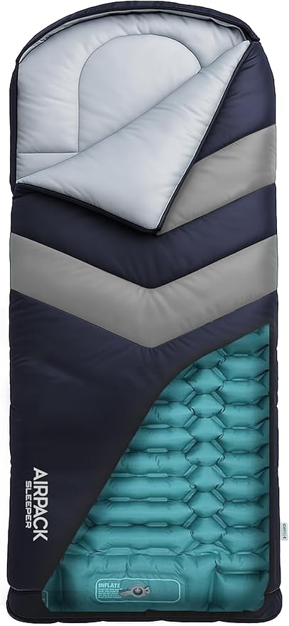 Kids Sleeping Bag with Built-in Pad (Fits Up to 4'6) All-in-One Inflatable Mattress Pad with Built-in Foot Pump - for Sleepovers Camping and Travel (Blue/Gray)