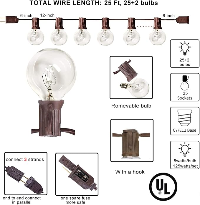 Abeja 25Ft Outdoor Patio String Lights with 27 Clear G40 Bulbs UL Listed for Porch Bars Deck Wedding Party Markets Decor 5W E12 Socket Base Brown