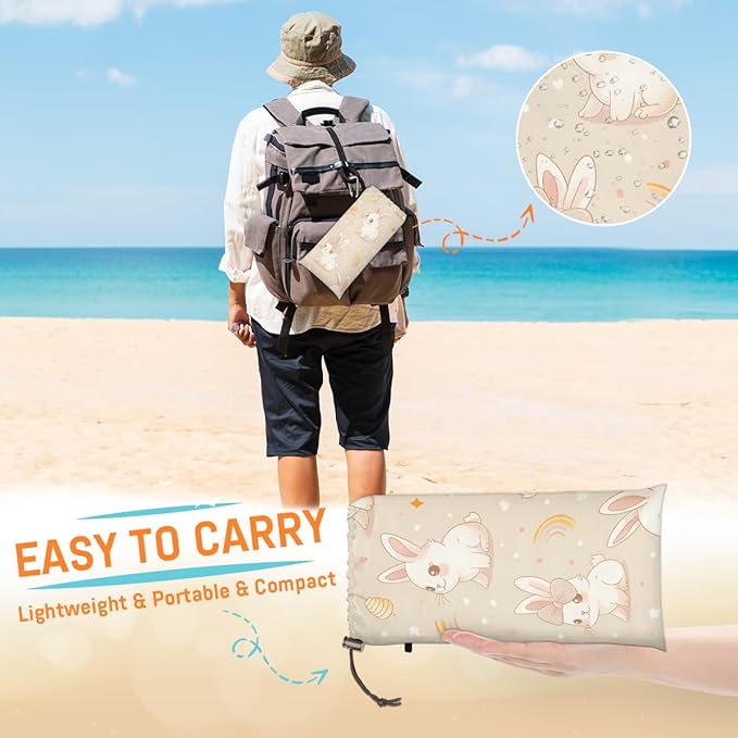 Waterproof Sandproof Beach Blanket 59''×68'' Animals Rabbits Polyester Outdoor Picnic Blanket with 4 Stakes &amp Storage Bag for BeachCampingVacation Beige