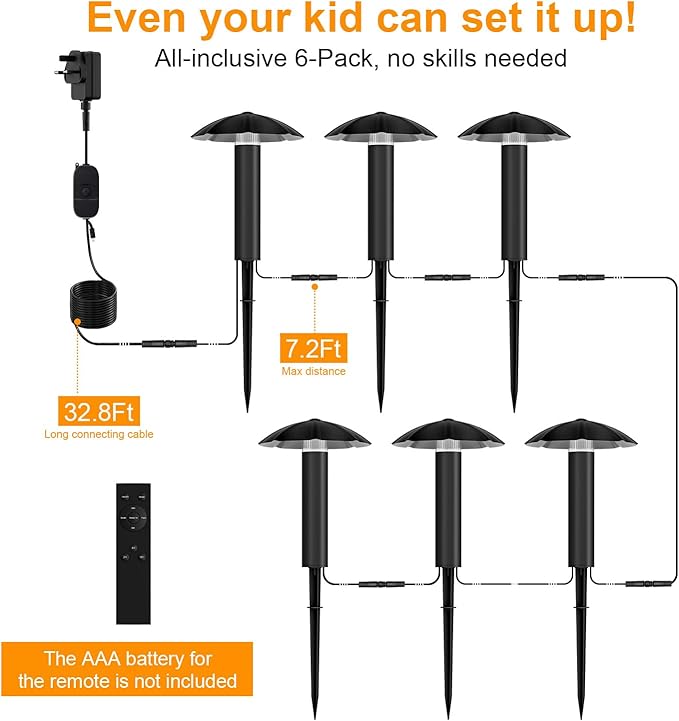 6-Pack Low Voltage Pathway Lights Kit: 24V Plug-in Landscape Lighting kit with Remote/Dusk to Dawn 3W 3000K IP65 - All-in-One Set Easy DIY Install