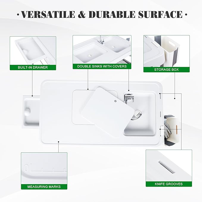 Allpop Fish Cleaning Table with 2 Sinks &amp Grid Rack 42.5'' Portable Folding Camping Fish Station with Foldable Faucet Drainage Hose Sprayer Storage Box Drawer &amp Grooves for Picnic White