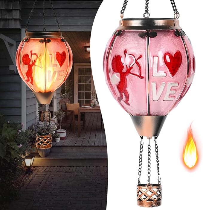 Hot Air Balloon Solar Lantern - Valentine's Day Glass Lantern Simulated Flickering Dancing Flame Outdoor Hanging Sunflower Yard Light Waterproof IP65 for Valentines Gift
