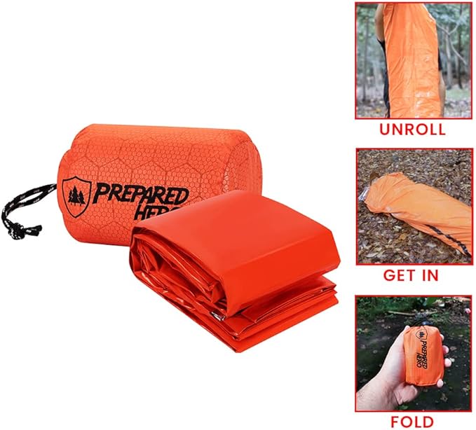 Prepared Hero Survival Bag - Emergency Sleeping Bag Thermal Bivy Sack for Camping Hiking Outdoor. Lightweight Portable Survival Shelter