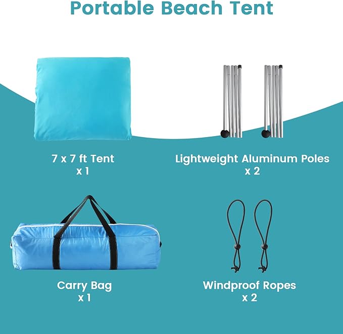 Beach Tent - 9.8 * 6.5 FT Beach Canopy Portable Beach Tent Sun Shelter UPF50 with 4 Sandbags 2 Stability Poles Ground Pegs and Anti-Wind Ropes Outdoor Beach Shade Canopy for Camping Sky Blue