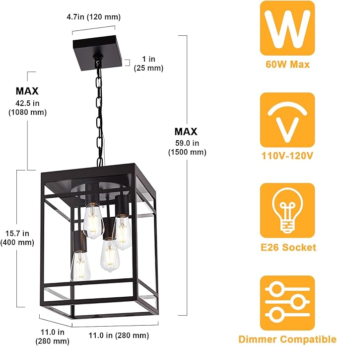 4-Light Outdoor Pendant Lights for Porch Oil Rubbed Bronze Outdoor Chandelier 15.7'' Exterior Hanging Porch Light Fixtures w/Clear Glass Waterproof Outside Pendant Lantern for Garage Foyer