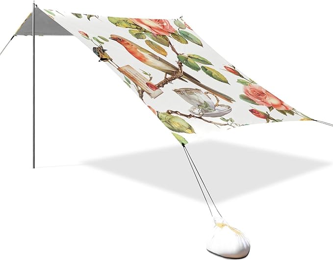 Vintage Parisian Pattern Beach Tent Sun Shelter 9.2' x 10.5' Beach Canopy with 4 Sandbags 4 Stability Poles Sand Shovels - Tent Canopy for Beach Camping Fishing Picnics