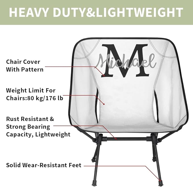 Custom White Portable Camping Chair Personalized Backpacking Chair with Name Lightweight Foldable Chairs for Hiking Beach