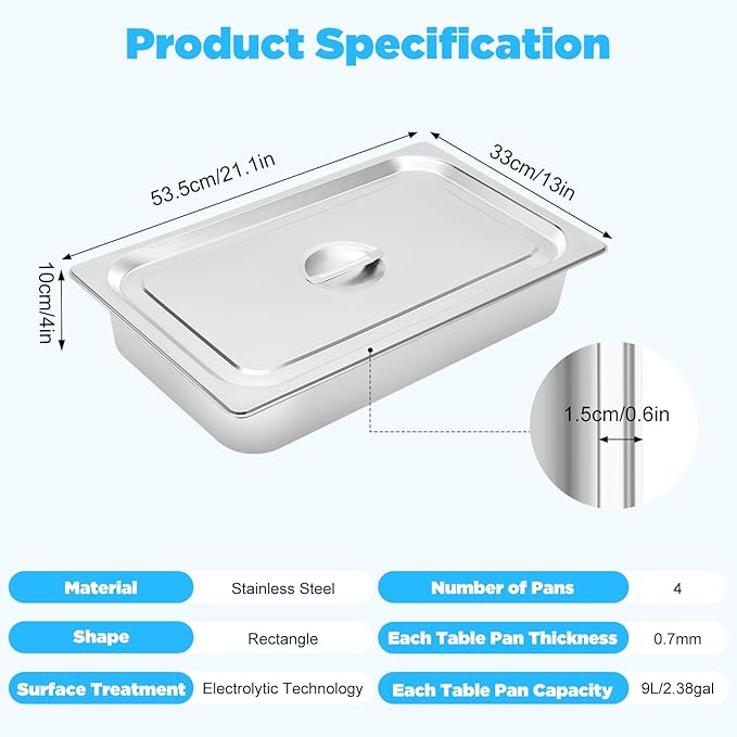 4 Pack Hotel Pans 4 Deep Steam Table Pan Full Size with Lid 20 L x 12 W Stainless Steel Hotel Pan for Food Warmer Cooking Heat (4 Pack Table Pan)