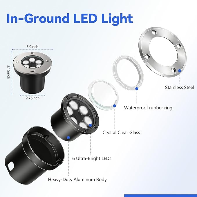 JESLED Low Voltage Landscape Lights 6W LED Well Lights IP67 Waterproof 6000K Bright White In-Ground Lights with Wire Connectors for Pathway Deck Patio Yard Garden (12 Pack)