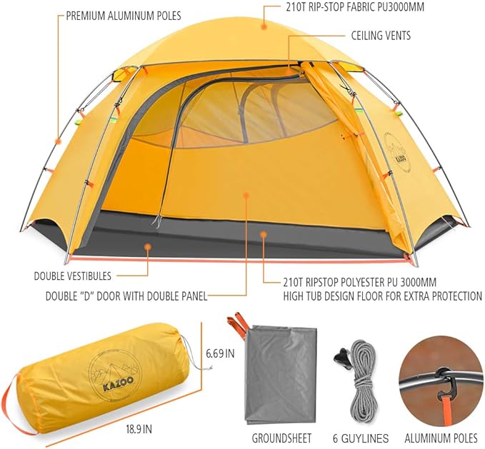 KAZOO Waterproof Backpacking Tent Ultralight 1/2 Person Lightweight Camping Tents 1/2 People Hiking Tents Aluminum Frame Double Layer | Waterproof Camping Tents 1/2 People Hiking Tents Aluminum Fr