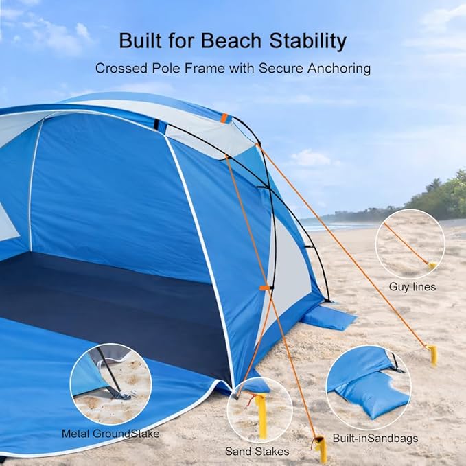 Beach Tent Sun Shelter with UPF 50+ UV Protection Dual Door Design for Better Ventilation Easy Setup Portable Beach Shade Canopy with Carrying Bag for Beach Camping Fishing and Outdoor Travel