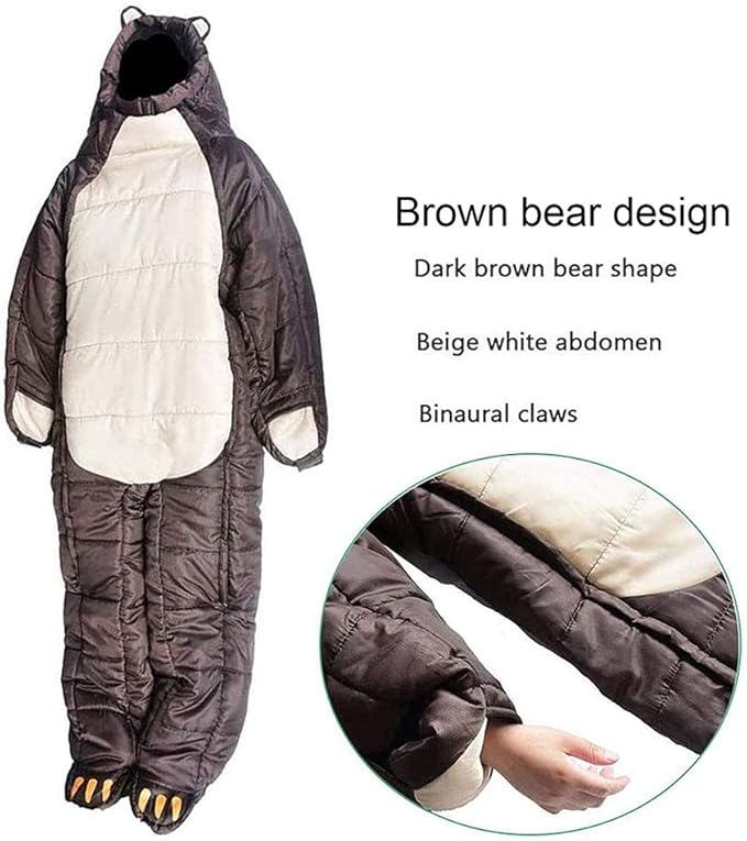 Wearable Sleeping Bag 3 Season Bear-Shaped Sleeping Bag Camping Adults Full Body Sleep Pouch for CampingTraveling Hiking Backpacking