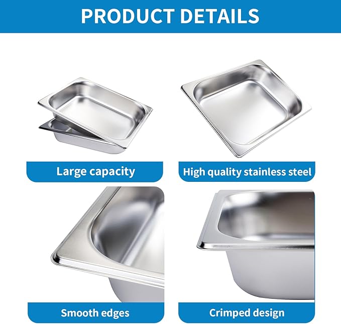 6 Pack Half Size Hotel Pans 1/2 Size Steam Table Pan 2.5 Inch Deep Commercial Stainless Steel Pan for Food Catering Pan for Hotel Buffet Restaurant and Party