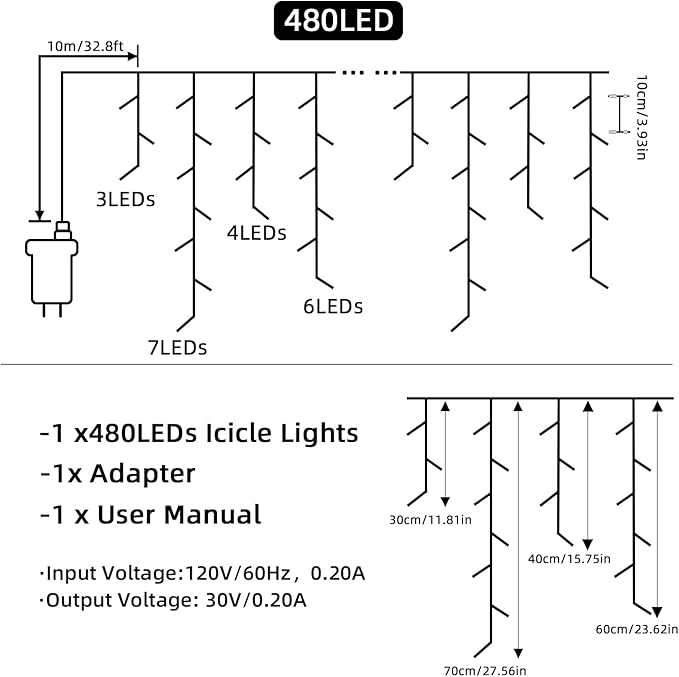 Christmas Outdoor Icicle Lights - 480 LED 66+33 FT 8 Modes Curtain Fairy String Light Plug in Waterproof for Eaves Yard Holiday Xmas Holiday Indoor Outdoor Decoration - Warm White