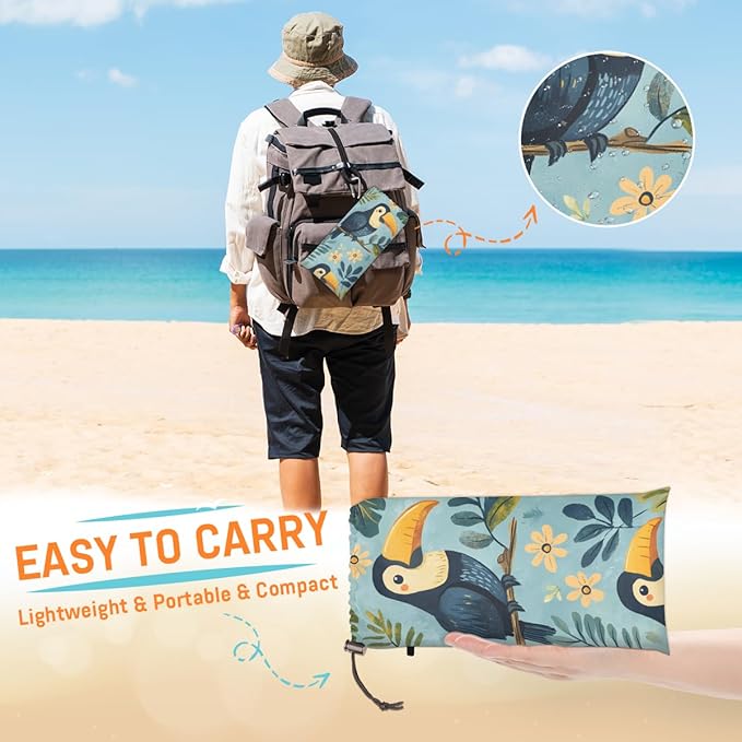 Waterproof Sandproof Beach Blanket 59''×68'' Animals Illustration Polyester Outdoor Picnic Blanket with 4 Stakes &amp Storage Bag for BeachCampingVacation