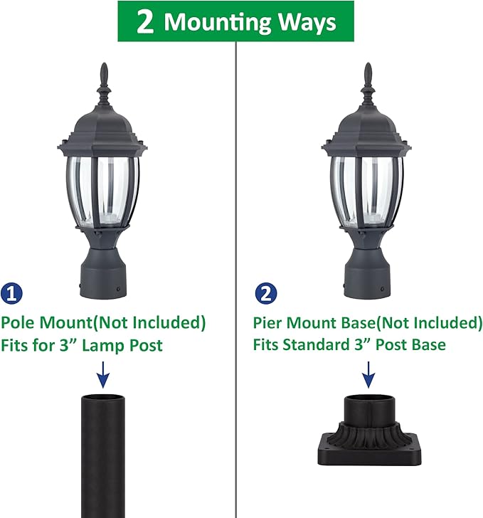 LIT-PaTH LED Outdoor Post Lighting Fixture Pole Lantern 9.5W 800 Lumens 5000K Daylight White Aluminum Housing Plus Glass Matte Black Finish 1-Pack