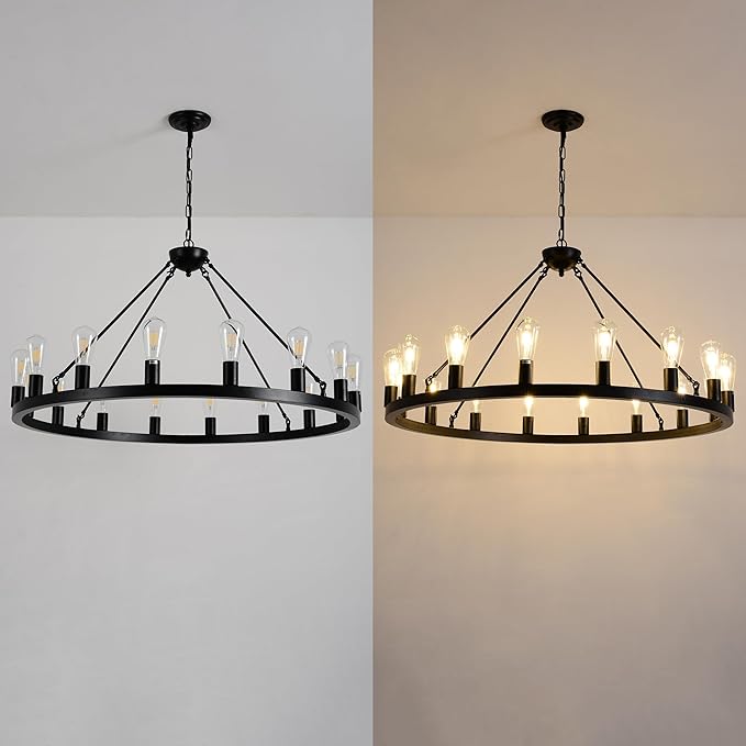 40 Black Wagon Wheel ChandelierE26 16-Light Large Round Rustic Farmhouse Chandelier Industrial Pendant Light Fixtures for Dining Room Living Room Kitchen Island Entryway Foyer
