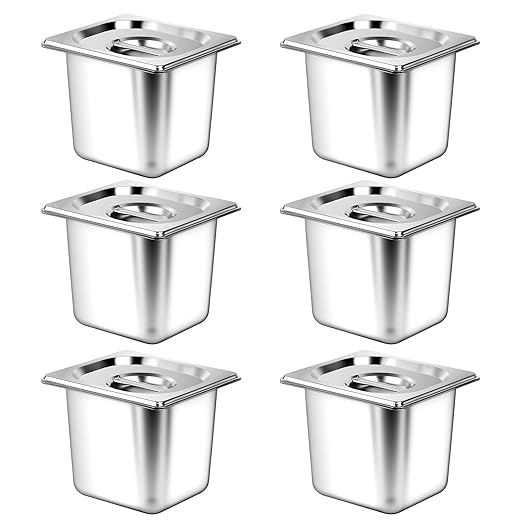 6 Pack 1/6 Size Stainless Steel Hotel Pans with Lids 6 Inch Deep Steam Table Pans Anti-Jam Metal Hotel Pans with Clip for Restaurant Home Catering Food Storage