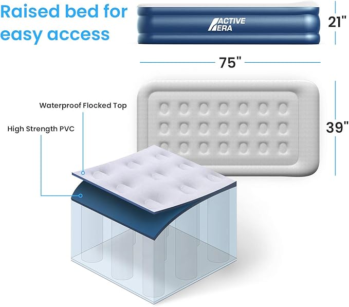 Active Era 20 Twin Air Mattress with Built-in Pump &amp Raised Pillow - Heavy Duty Puncture Resistant Waterproof Blow Up Bed (Pack of 2)