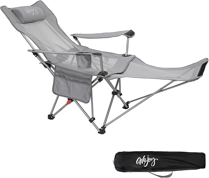 #WEJOY 2-in-1 Reclining Camping Chair Lightweight Folding Camping Chair with Adjustable Backrest &amp Footrest Camping Lounge Chair with Headrest Cup Holder Storage Bag for Beach Lawn Concert
