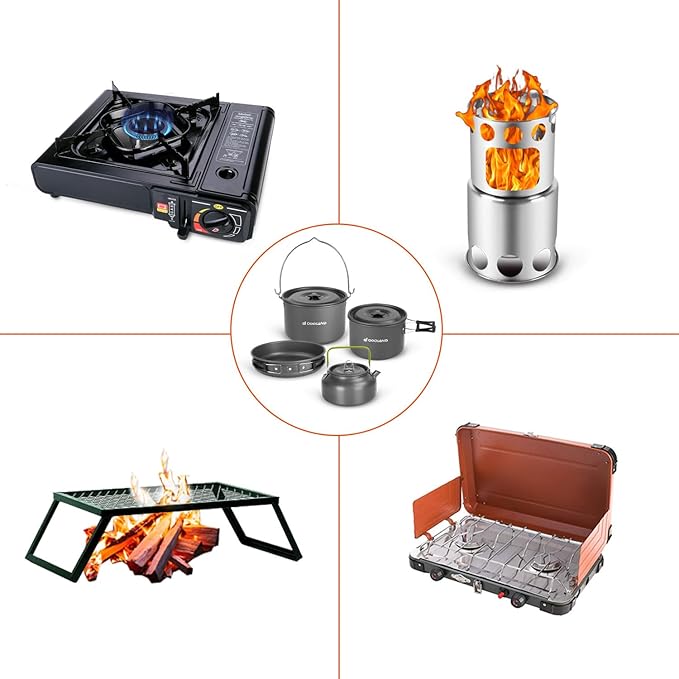 Odoland 39pcs Camping Cookware Mess Kit Non-Stick Large Size Hanging Pot Pan Kettle with Base Dinner Cutlery Sets for 6 and More Cups Dishes Forks Spoons Kit for Outdoor Camping Hiking Picnic