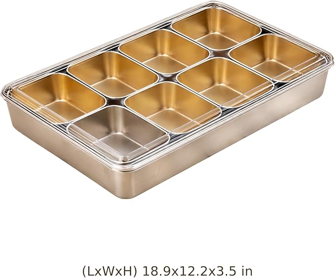 8-Compartment Stainless Steel Yakumi Pan 20.29 Oz / 600 Ml Each Section with Clear Lid and Spoon Commercial Condiment Containers for Tea Ice Jelly Shops