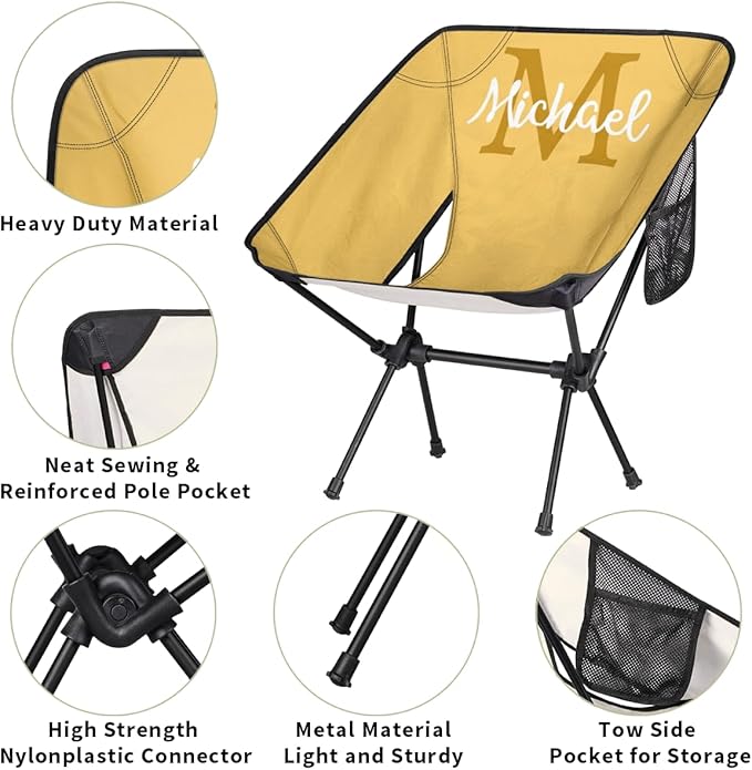 Custom Yellow Portable Camping Chair Personalized Backpacking Chair with Name Lightweight Foldable Chairs for Hiking Beach