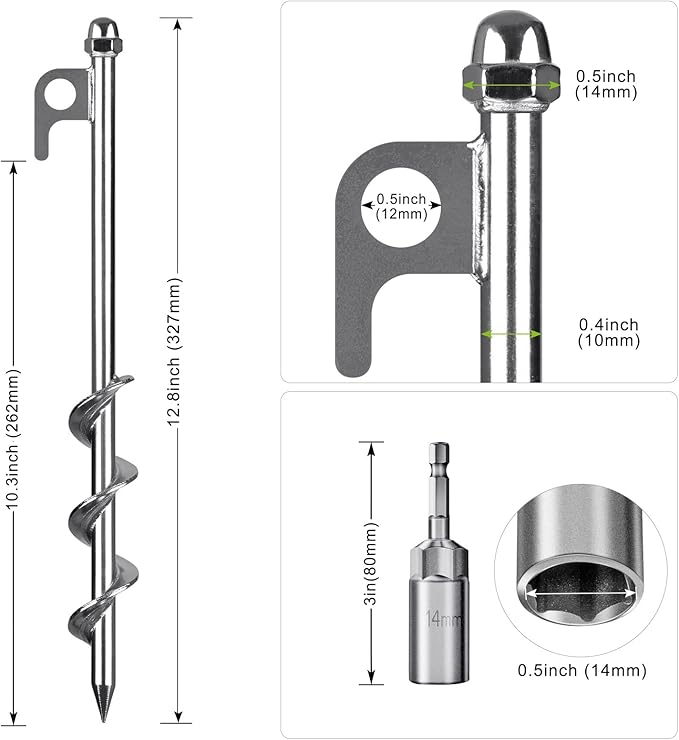 4 Pack Tent Stakes 12 Inch Heavy Duty Ground Anchors Fully Welded Spiral Earth Anchors for Camping Tents Trampolines Sheds Swing Sets Securing Animals