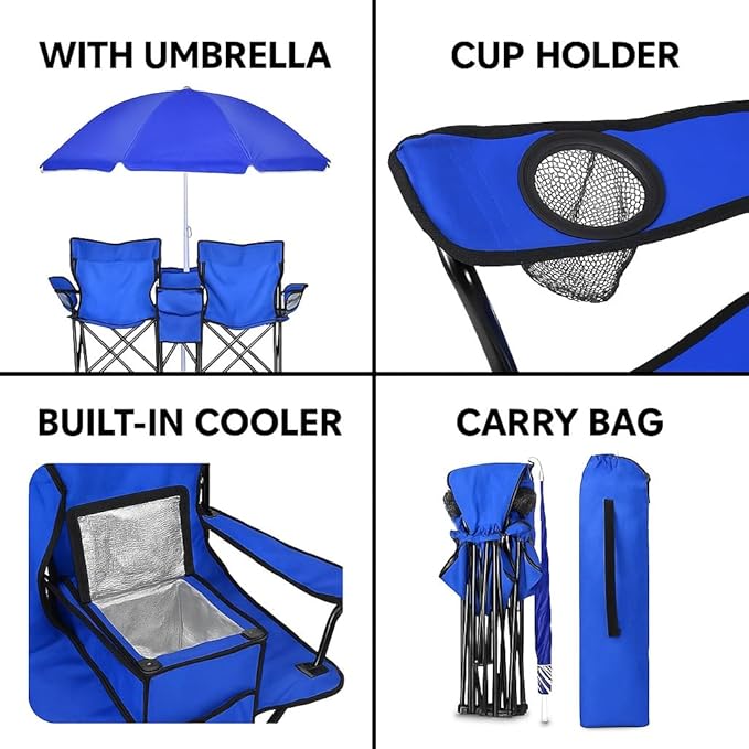 GoTEAM! Portable 2-Seat Folding Camp Chair with Cooler Umbrella &amp Cup Holders – Outdoor Picnic Beach or Tailgate Seating – Carry Case Included