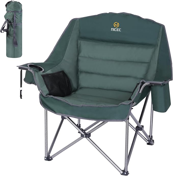 Nice C Camping Chairs Oversized XL Padded Camping Chair Outdoor Chair Camp Chair Lounge Chair Wide&ampThick Heavy Duty 400lb Carry Bag Cupholder &amp Cooler (One Green)