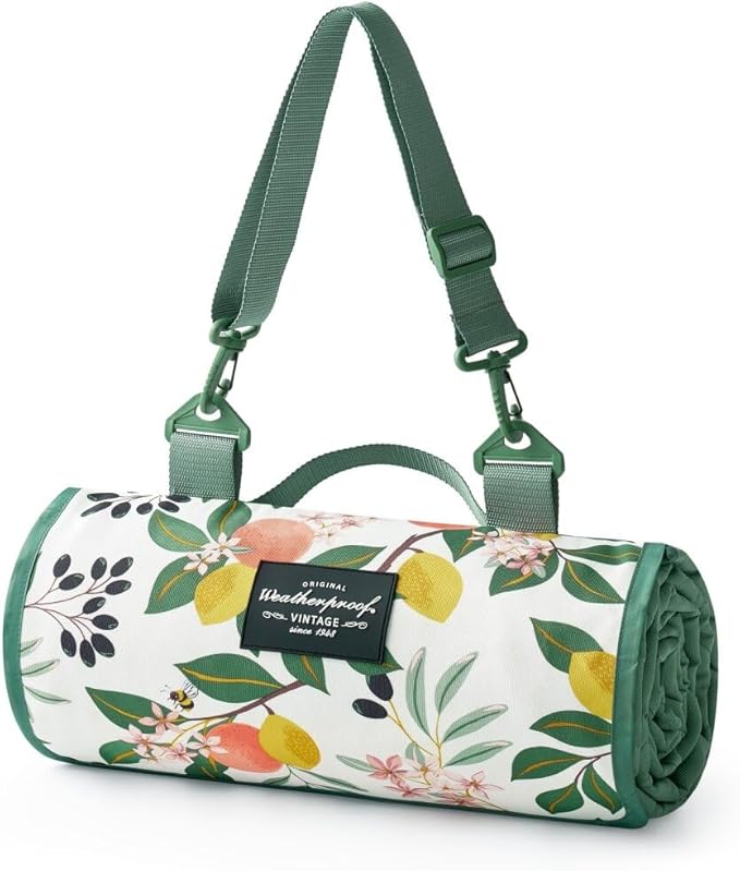 Weatherproof Vintage Waterproof Outdoor Blanket- Green Roll Up Throw Blanket with Handle Velcro Closure - Camping Supplies Travel Blanket for Beach Picnic &amp Events 60x72 (Lemon Grove)