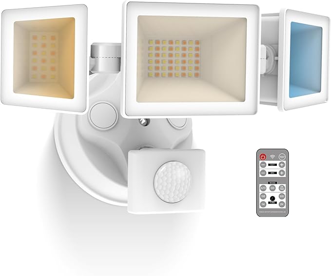 ALUSSO LED Security Lights Motion Sensor120V 36W 3000LM Flood Lights Outdoor Motion Sensor with Remote Dimmable Brightness 3000K-6000K IP65 3 Heads Outdoor Security Light for Garage YardWhite
