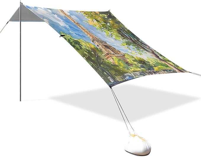 ALAZA Eiffel Tower Watercolour Beach Tent Sun Shelter UPF50+ Protection Beach Shade Canopy w/ 4 Sandbags for Outdoor Camping Fishing Backyard Fun Picnic 10x9 ft