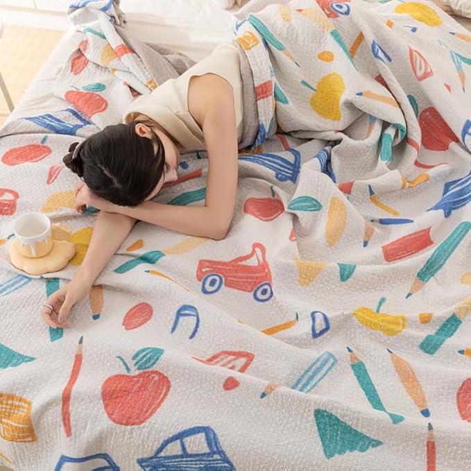 Bnitoam School Season 100% Cotton Bed Blanket Twin Size 60x80 3 Layer Muslin Blanket Pencil School Bus Cooling Breathable Lightweight Summer Gauze Throw for Kids (Print School 60x80)