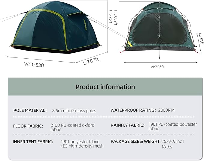 EchoSmile Tents for Camping Waterproof Windproof Tent with Multi-Pole 3-5 Person Spacious Dome Tent with Expandable Space for Shoes Packs &amp Wet Items Easy Setup Tent for Camping &amp Hiking