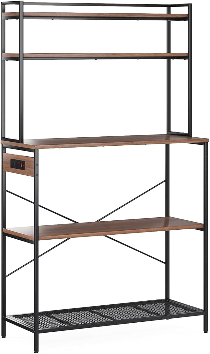 Large 5 Tier Bakers Rack with Electrical Outlets 39 Inch Microwave Stand Coffee Bar Kitchen Storage Shelf for Home Counter Space Organizer