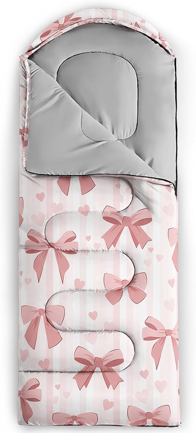 Pink Bow Sleeping BagGirly Princess Bowknot Camping Bag for Girls KidsPink and White Striped Lightweight Warm Portable Outdoor Indoor-Waterproof Cold Weather Resistant for Camping Hiking