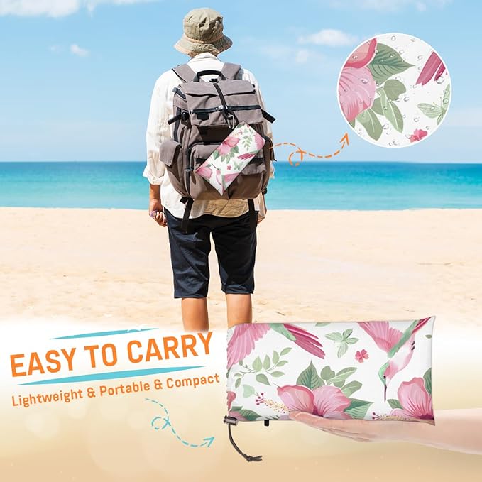 Waterproof Sandproof Beach Blanket 59''×68'' Pink-Hummingbird Polyester Outdoor Picnic Blanket with 4 Stakes &amp Storage Bag for BeachCampingVacation Pink