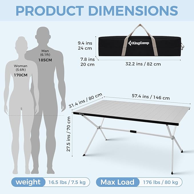 KingCamp Large Folding Camping Table Aluminum Roll Up Table Oversized Camp Table Stable Portable Outdoor Folding Table for Picnic Camping BBQ Backyard Party 57.4''×31.4'' 6-8 PersonSupport 176lbs