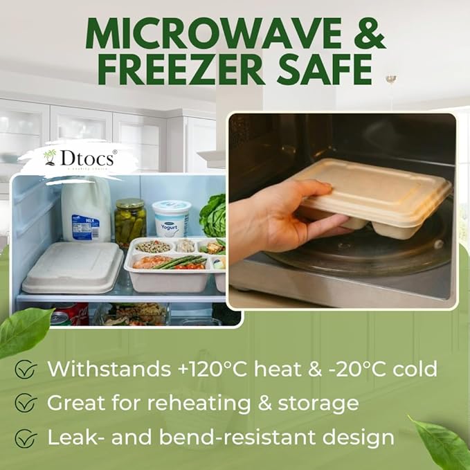 Dtocs Bamboo Fiber 5 Compartment Plates with Lid Set (20 Pcs.) 9 | Heavy Duty Multipurpose Sectional Trays Divided Plate | Microwavable Bamboo Disposable Trays Alt to Plastic Portion Paper Plates