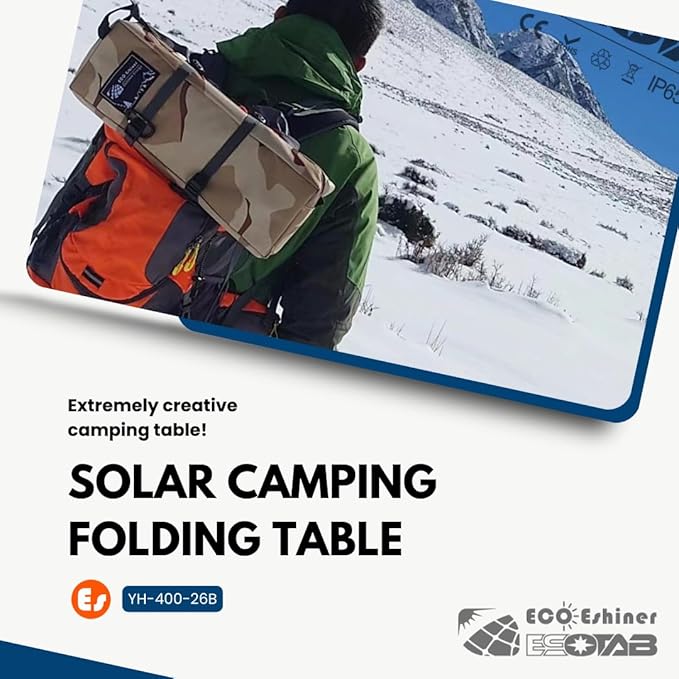 ECOeshiner Solar Folding Table 28W Camping Table - Solar Charging Mesh Bag Two USB Ports Heat + Water + Splash Resistant Solar Powered Beach Table Picnic Table Outdoor Table