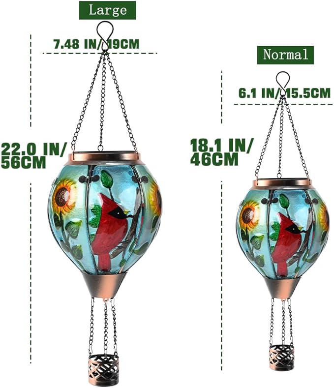 Hot Air Balloon Solar Lantern - Large Cardinal Bird Glass Lantern Simulated Flickering &amp Dancing Flame Big Outdoor Hanging Sunflower Yard Light Waterproof IP65 for Patio Lawn Porch Decor Gift