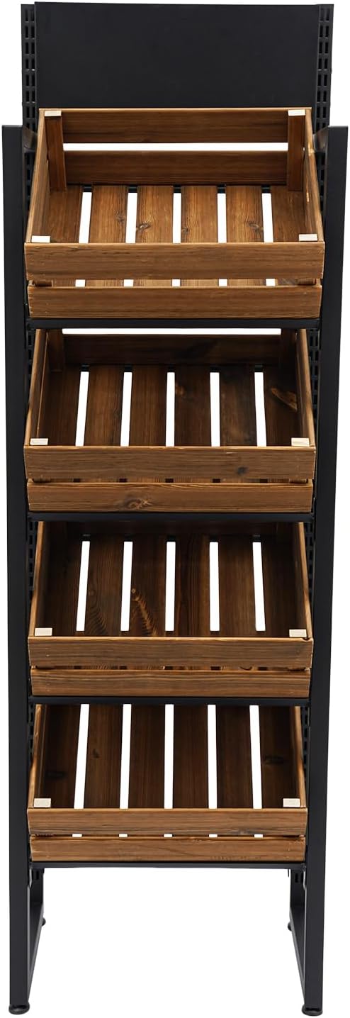 Wood Fruit Basket Stand Vegetable Storage Rack 4-Tier Narrow Snack Rack Stand Farmers Market Stand Retail Store Display Shelves for Kitchen Store Supermarket (Rustic Brown+Black)