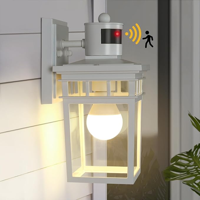 Motion Sensor Outdoor Wall Light with 4 Modes Dusk to Dawn Outdoor Lighting Motion Activated Porch Light Waterproof Wall Sconce Exterior Light Fixture for Entryway Garage Bulb Included White
