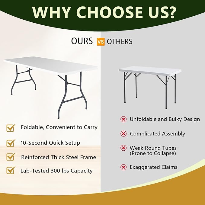 Folding Table 6 FT Foldable Plastic Table with Carrying Handle Heavy Duty Portable Fold-in-Half Utility Table for Party Camping Banquet Craft Wedding Indoor &amp Outdoor Use