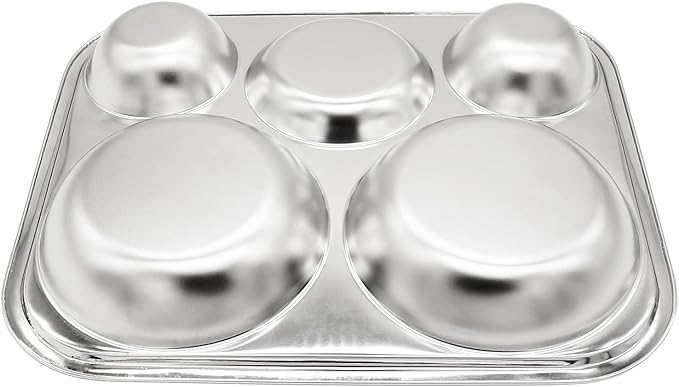 Korean Stainless Steel Divided Plates for Adults Teens Premium 304 Electro-Polished No Black Residue BPA-Free Large 5-Compartment Food Tray Diet Portion Control Camping Set of 2