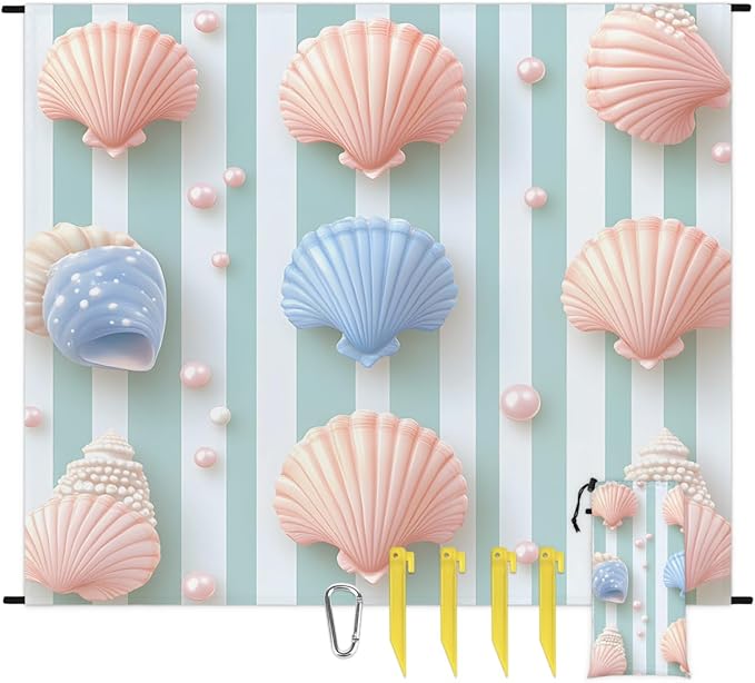 Waterproof Sandproof Beach Blanket 59''×68'' Ocean Scallop Decoration Polyester Outdoor Picnic Blanket with 4 Stakes &amp Storage Bag for BeachCampingVacation