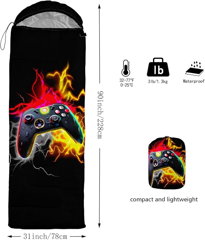 Axolotl Gaming Sleeping Bag for Boys Girls KidsGamepad Waterproof Portable Camping Bag3 Season Warm Cool Weather Lightweight Compact Camping Essentials Gear for Travelling Hiking Green Purple Orange