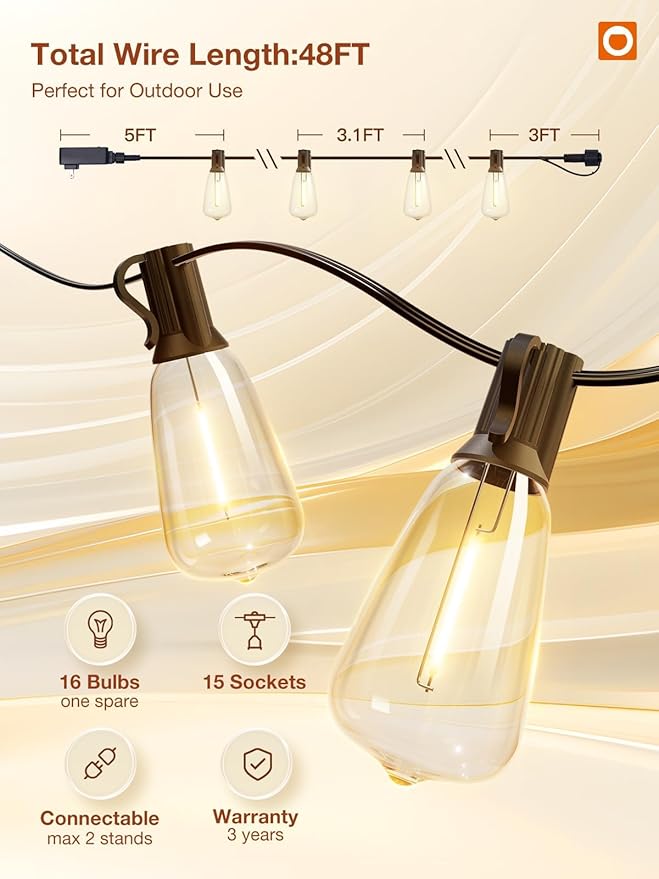addlon 48FT Smart Outdoor String Lights Dimmable Patio Lights with 15 Waterproof LED Edison Bulbs String Lights for Outside Work with APP Control Music Sync Outdoor Lights for Bistro Backyard Party