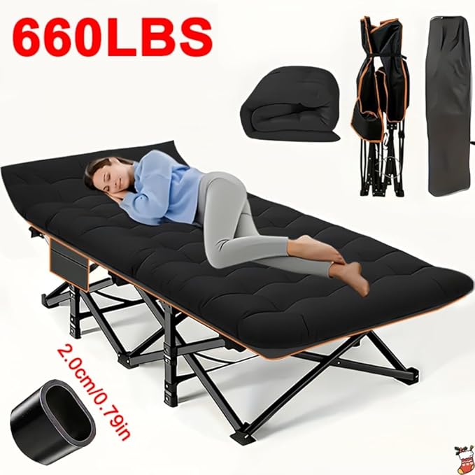 Camping bed with a load capacity of 560/660/760 lbs with a mattress and a storage bag. It is a foldable and easy-to-store guest bed A version without a mattress is also available (Black 660lbs)